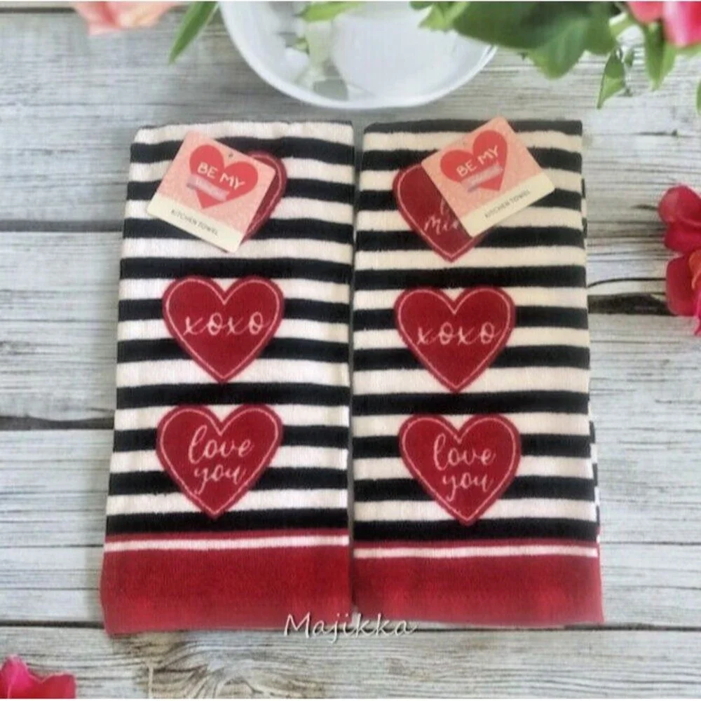 Valentine Kitchen Dish Towels Cotton Be My Valentine XOX Love You Set of 2
